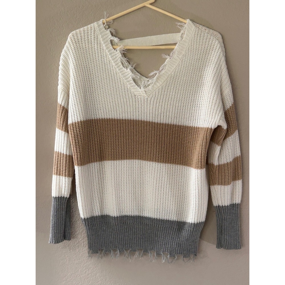 Moon & Madison Striped Distressed V-Neck Sweater Cream Tan Grey SA422-S Small